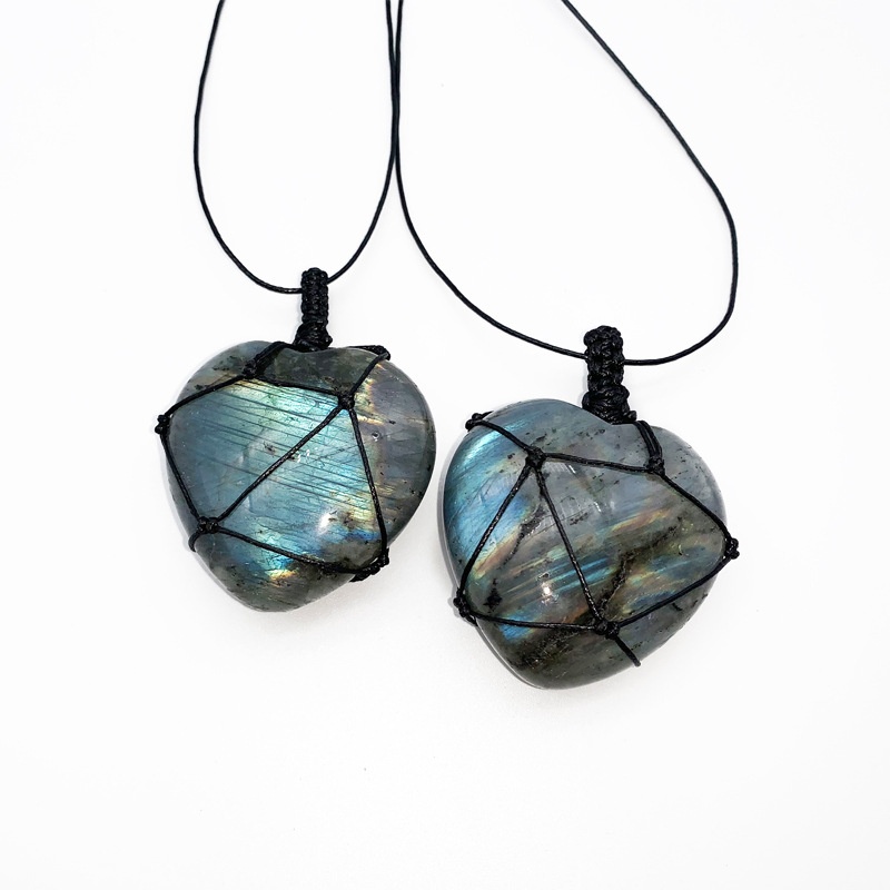Crystal Pendant Necklace Natural Stone - Doğal El Dokuması Labradorit Aytaşı Kalp